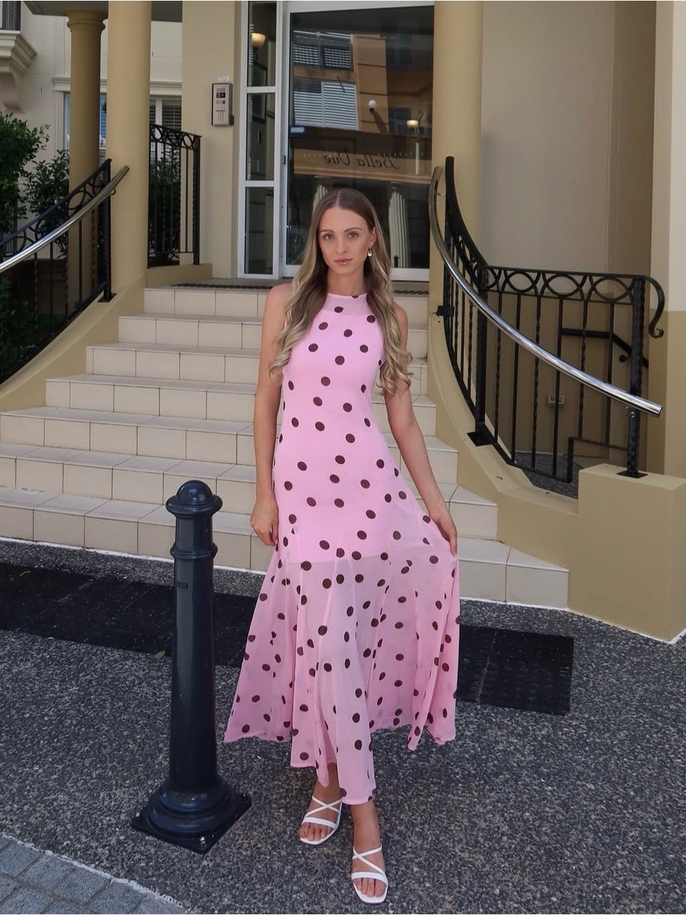 PETAL & PUP Keani Print Maxi Dress in Pink Polkadot M